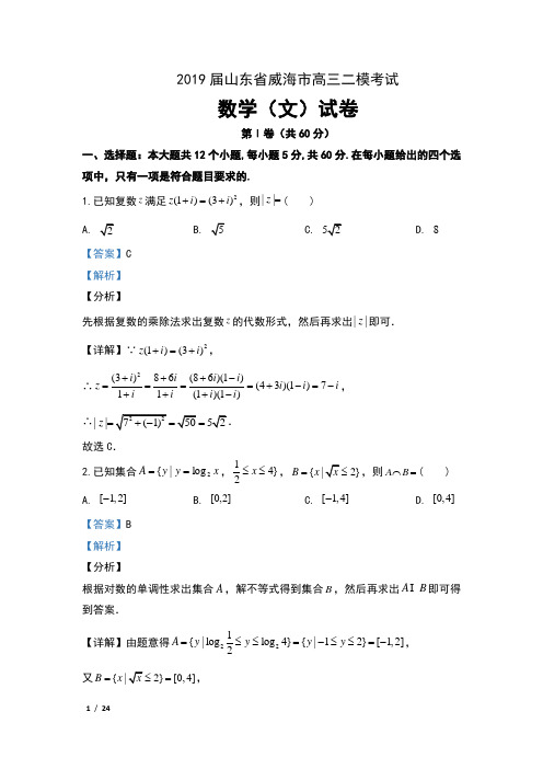2019届山东省威海市高三二模考试数学(文)试卷及解析