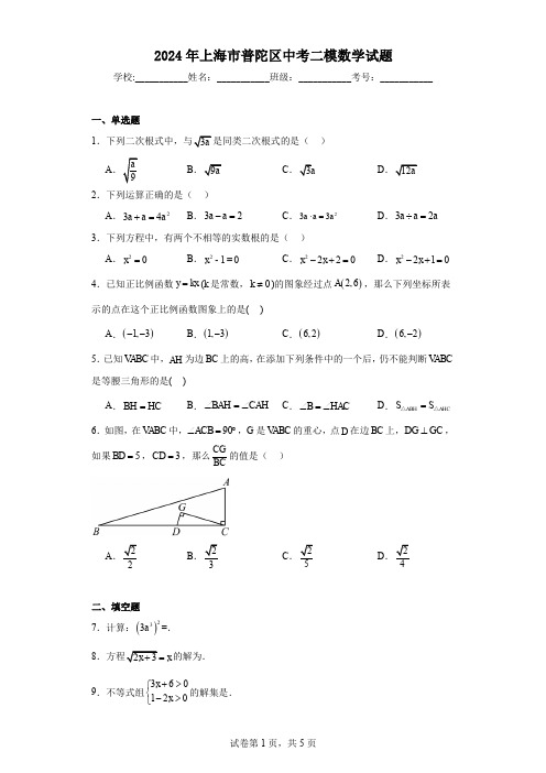 2024年上海市普陀区中考二模数学试题