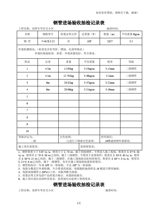 钢管进场验收抽检记录表