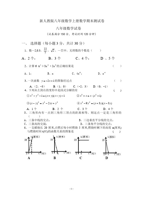 新人教版八年级数学上册数学期末测试卷含答案(精选六套)