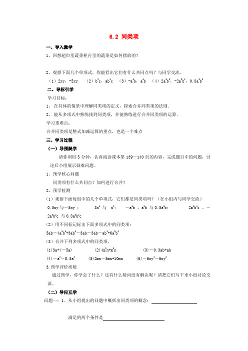 七年级数学上册 6.2 同类项导学案 (新版)青岛版