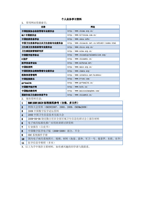 医学信息管理与信息系统业务学习资源索引与资料汇编