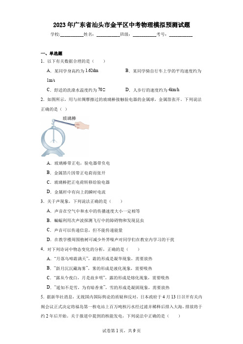 2023年广东省汕头市金平区中考物理模拟预测试题