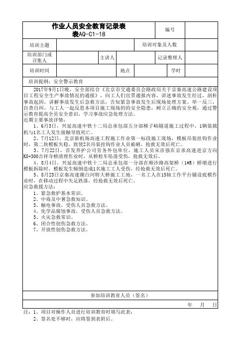 安全警示教育培训记录表