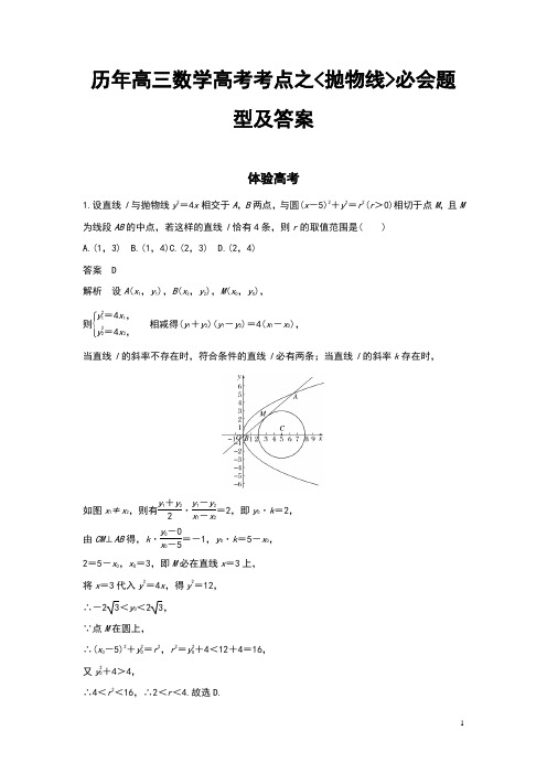 历年高三数学高考考点之抛物线必会题型及答案