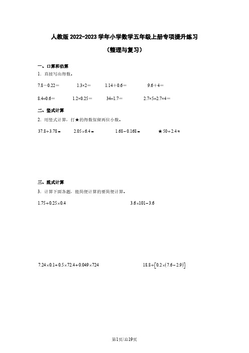 人教版2022-2023学年小学数学五年级上册专项提升练习(整理与复习)含解析