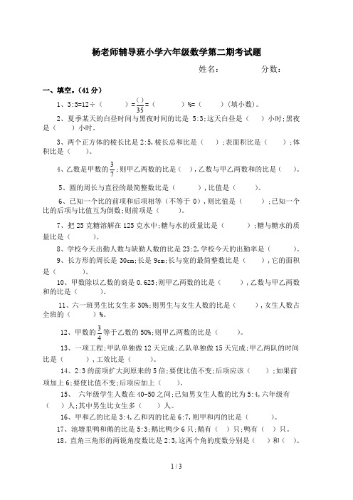 杨老师辅导班小学六年级数学第二期考试题