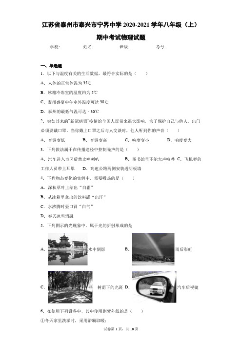 江苏省泰州市泰兴市宁界中学2020-2021学年八年级(上)期中考试物理试题(含答案解析)