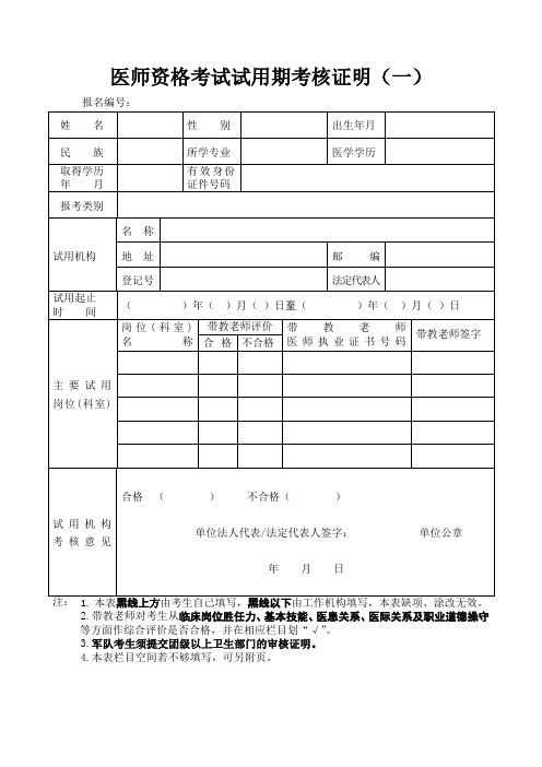 医师资格考试试用期考核证明(一)