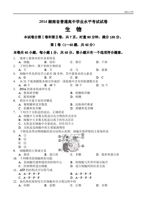 湖南省生物学业水平考试真题及答案