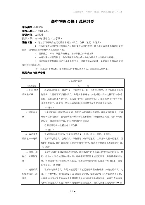 高一物理必修一课程纲要