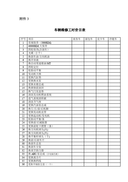 车辆维修工时价目表