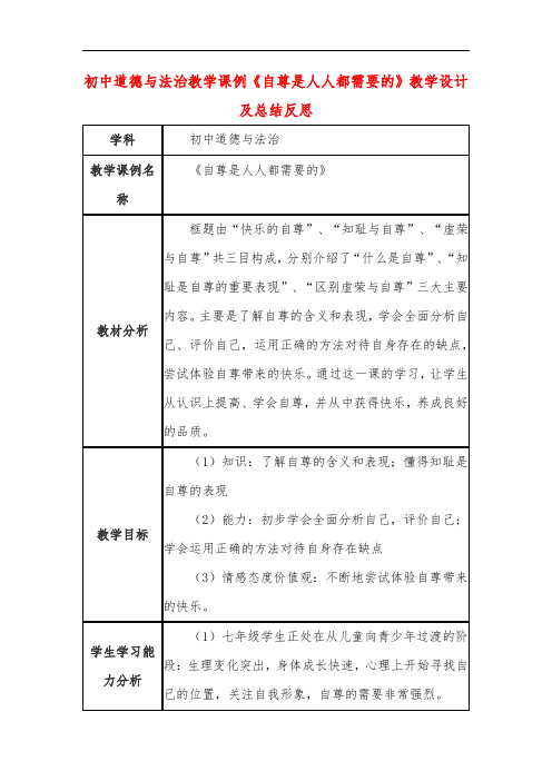 初中道德与法治教学课例《自尊是人人都需要的》课程思政核心素养教学设计及总结反思