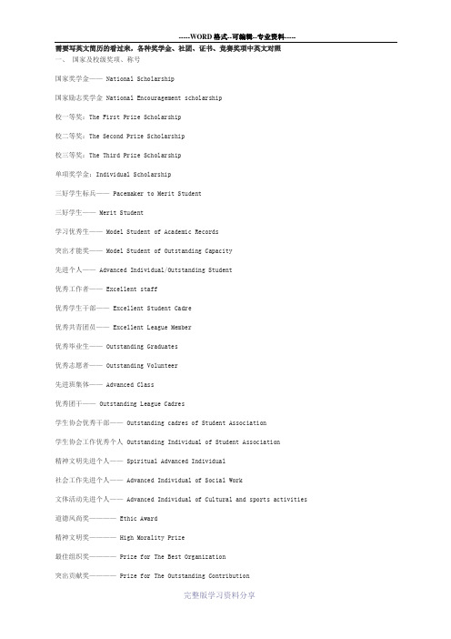 英文简历奖项中英文对照