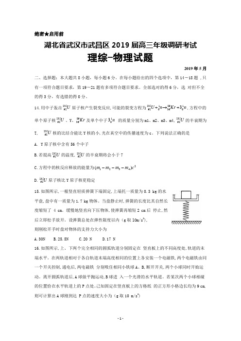 2019年5月湖北省武汉市武昌区2019届高三调研考试理综物理试题及答案