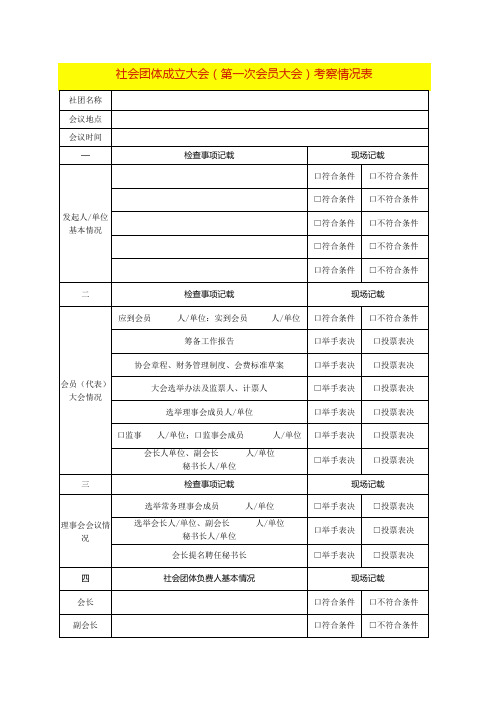 社会团体成立大会(第一次会员大会)考察情况表