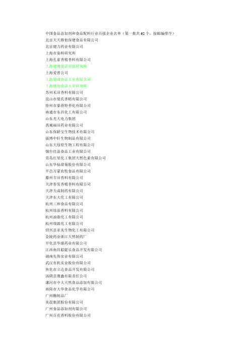 中国食品添加剂和食品配料行业百强企业名单