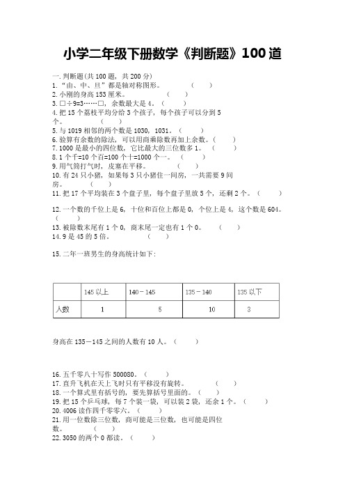 小学二年级下册数学《判断题》100道附答案下载