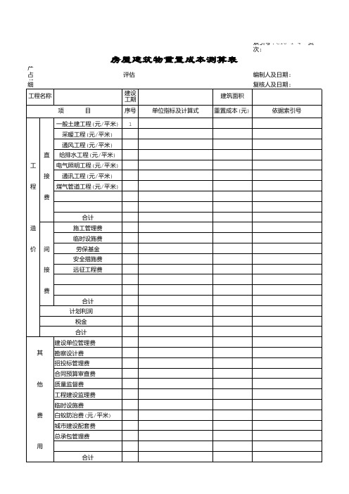 房屋建筑物重置成本测算表