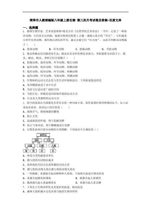 菏泽市人教部编版八年级上册生物 第三次月考试卷及答案-百度文库