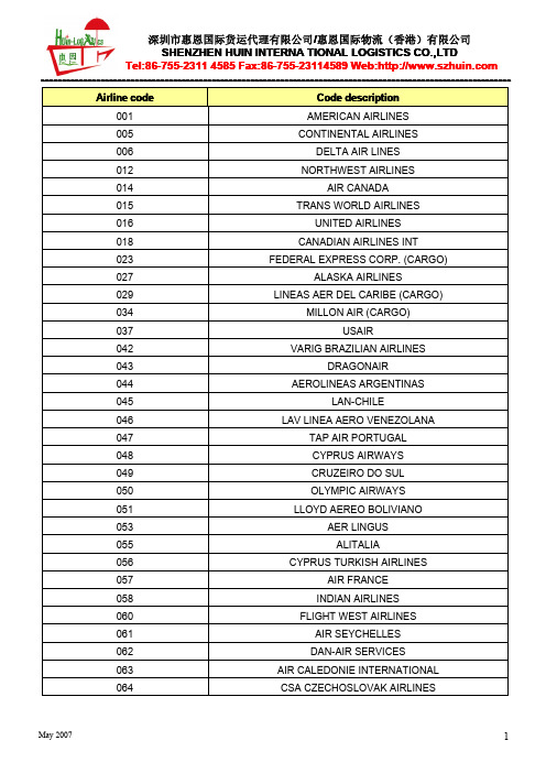 全球593个航空公司及航空公司三字代码