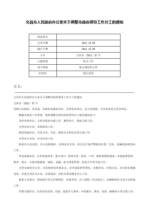 文昌市人民政府办公室关于调整市政府领导工作分工的通知-文府办〔2021〕57号