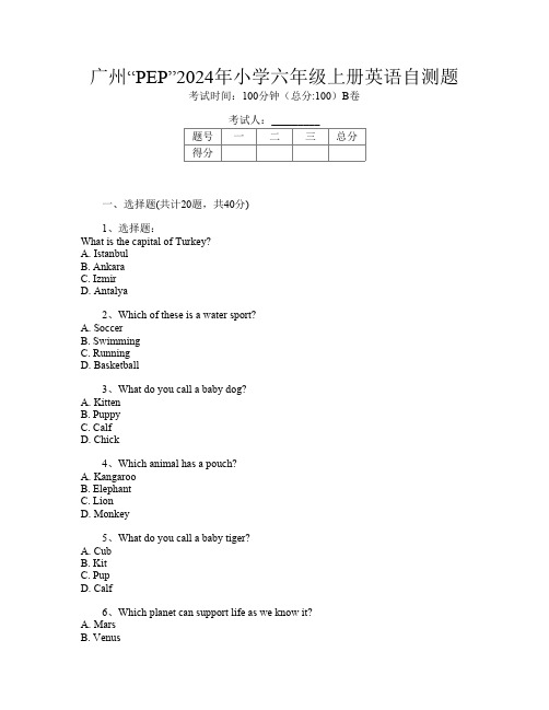 广州“PEP”2024年小学六年级上册第七次英语自测题