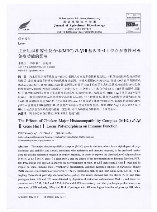 主要组织相容性复合体(MHC)B-LβⅡ基因Hinl Ⅰ位点多态性对鸡免疫功能的影响