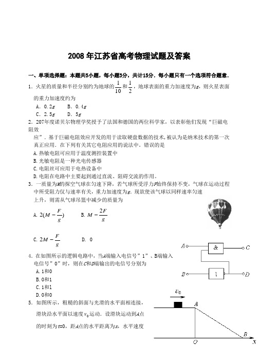 2008年江苏省高考物理试题及答案