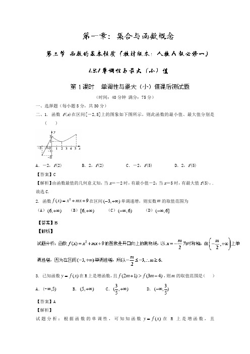 专题1-3-1 单调性与最大小值测-2017-2018学年高一数学