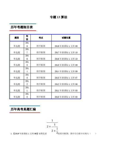 十年真题(2010-2019)高考数学(文)分类汇编专题13 算法(新课标Ⅰ卷)(原卷版)