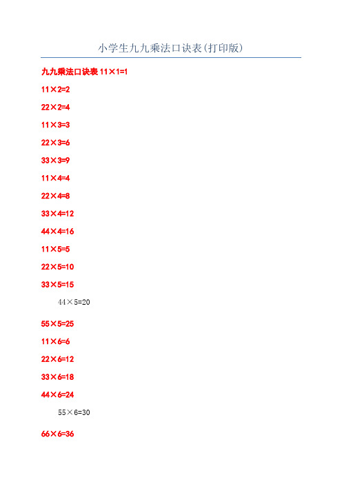 小学生九九乘法口诀表(打印版)