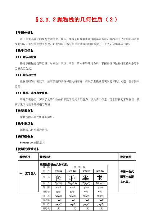 高中数学选修1-1教学设计-抛物线的几何性质