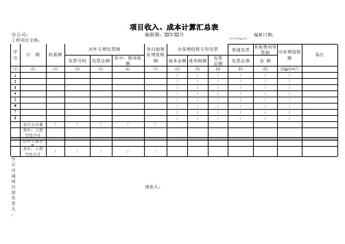 项目收入、成本计算汇总表