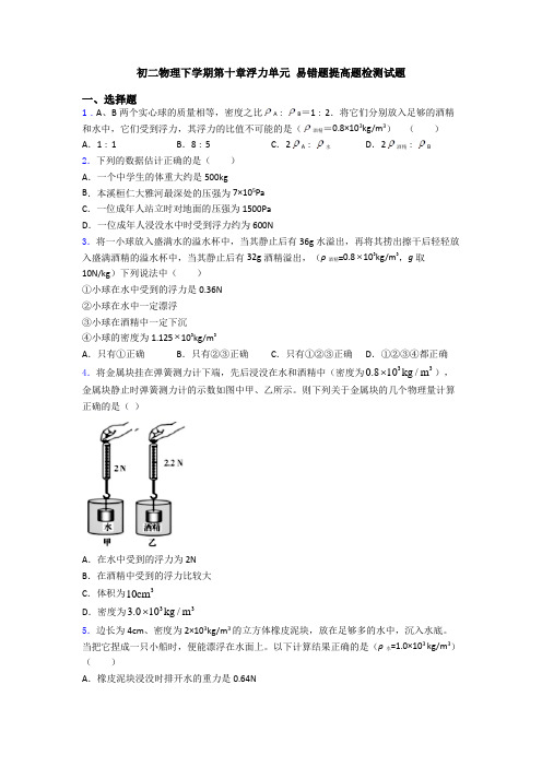 初二物理下学期第十章浮力单元 易错题提高题检测试题