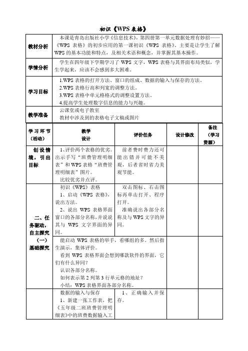 青岛版小学五年级下册信息技术第1课《初识WPS表格》教学设计