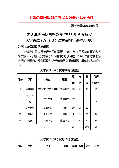 大学英语(A)(B)试卷结构与题型说明