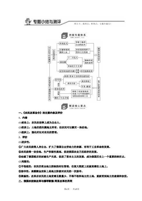 高中历史人民版高二选修1教学案:专题七_专题小结与测评_word版有答案