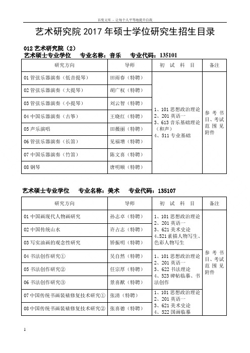 艺术研究院2017年硕士学位研究生招生目录