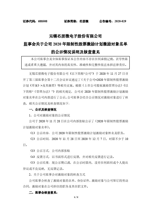 688508监事会关于公司2020年限制性股票激励计划激励对象名单的公2020-12-09