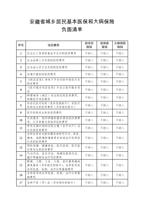 安徽省城乡居民基本医保和大病保险负面清单