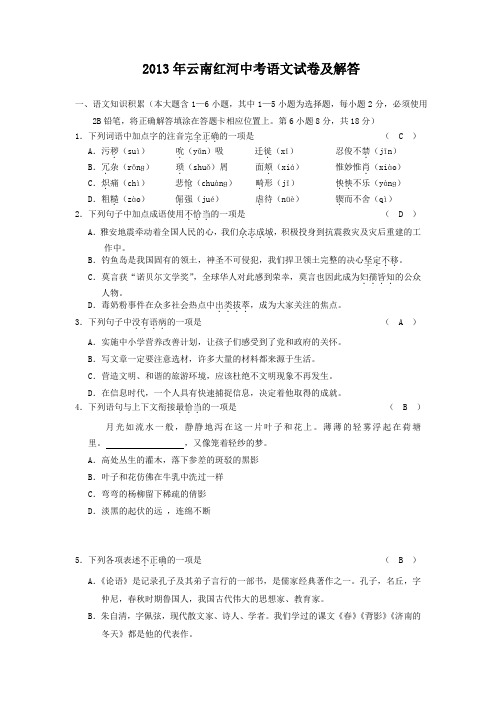 2013年云南红河中考语文试卷及答案