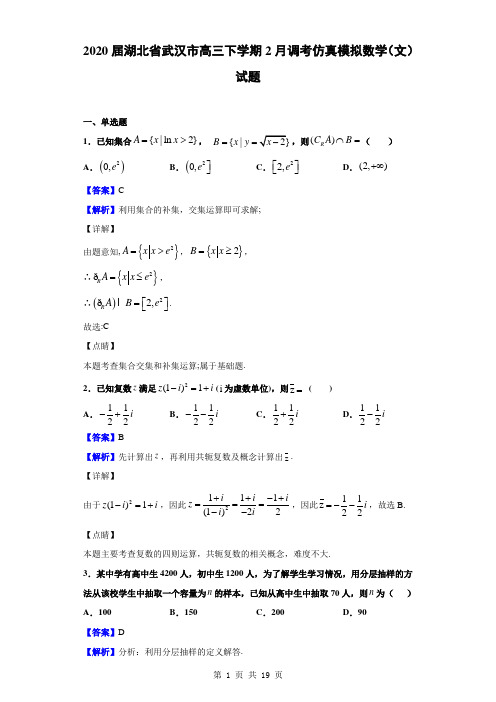 2020届湖北省武汉市高三下学期2月调考仿真模拟数学(文)试题(解析版)