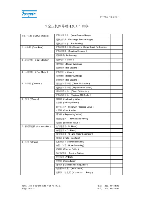 空压机保养项目及工作内容