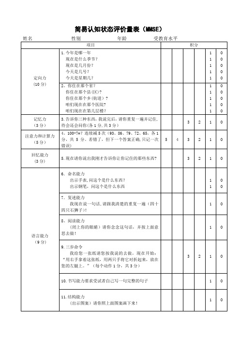 认知状态评价量表(MMSE量表)【范本模板】