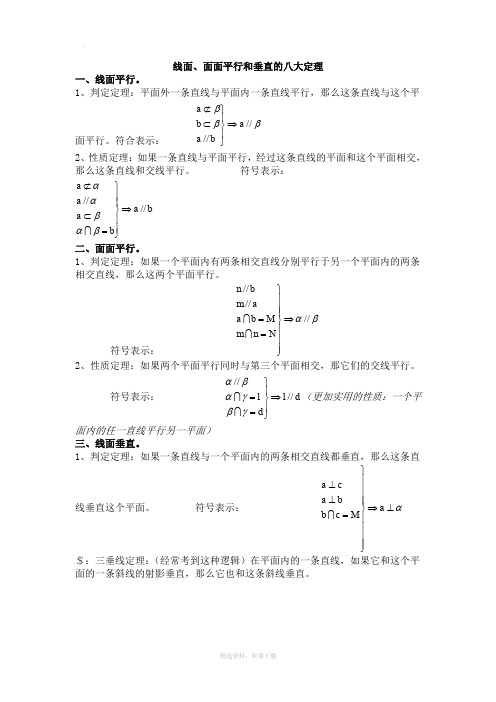 线面、面面平行和垂直的八大定理