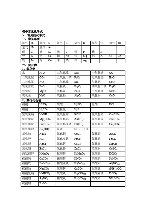 初中常见化学式大全