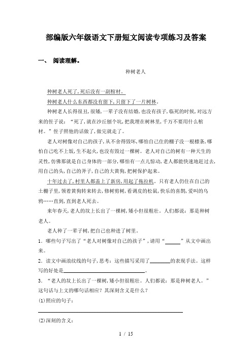 部编版六年级语文下册短文阅读专项练习及答案