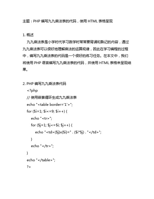 php九九乘法表的代码 带html表格