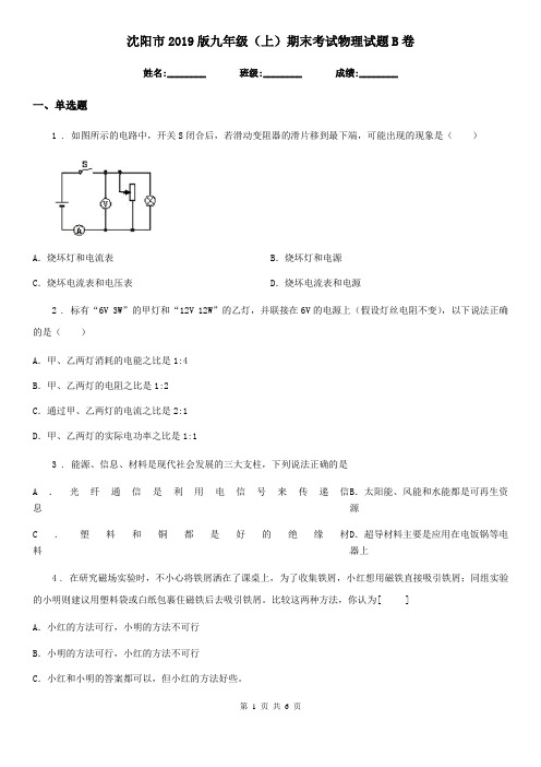 沈阳市2019版九年级(上)期末考试物理试题B卷